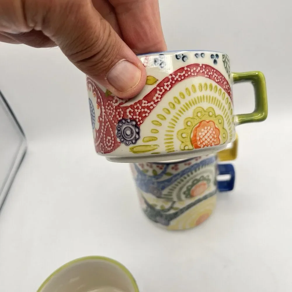 Set Of 4 PIER 1 Paisley Stackable Coffee Tea Mugs Stoneware Hand Painted Boho